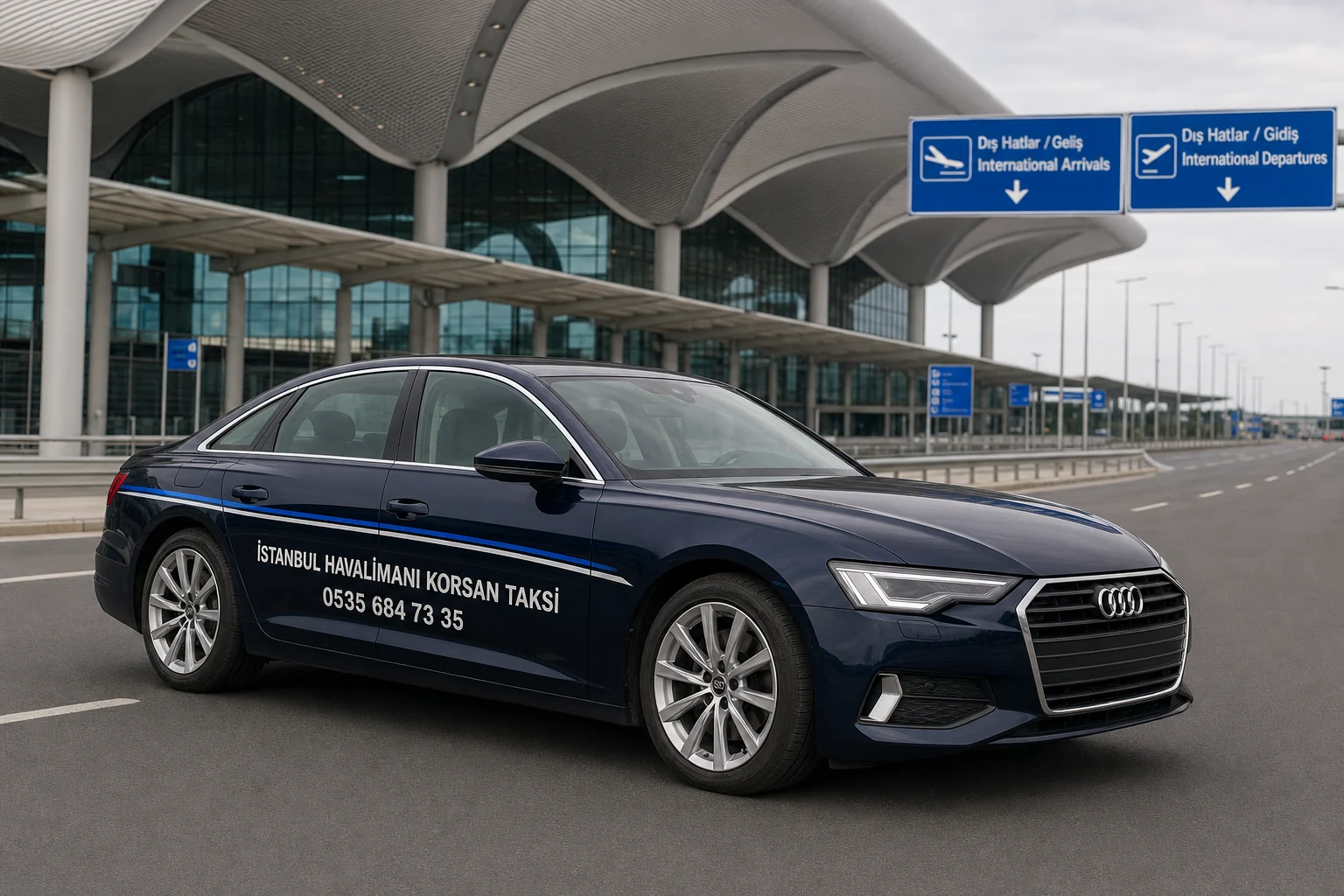Üzerinde 0535 684 73 35 numarası bulunan İstanbul Havalimanı terminal yolundaki koyu renk Audi ulaşım aracı