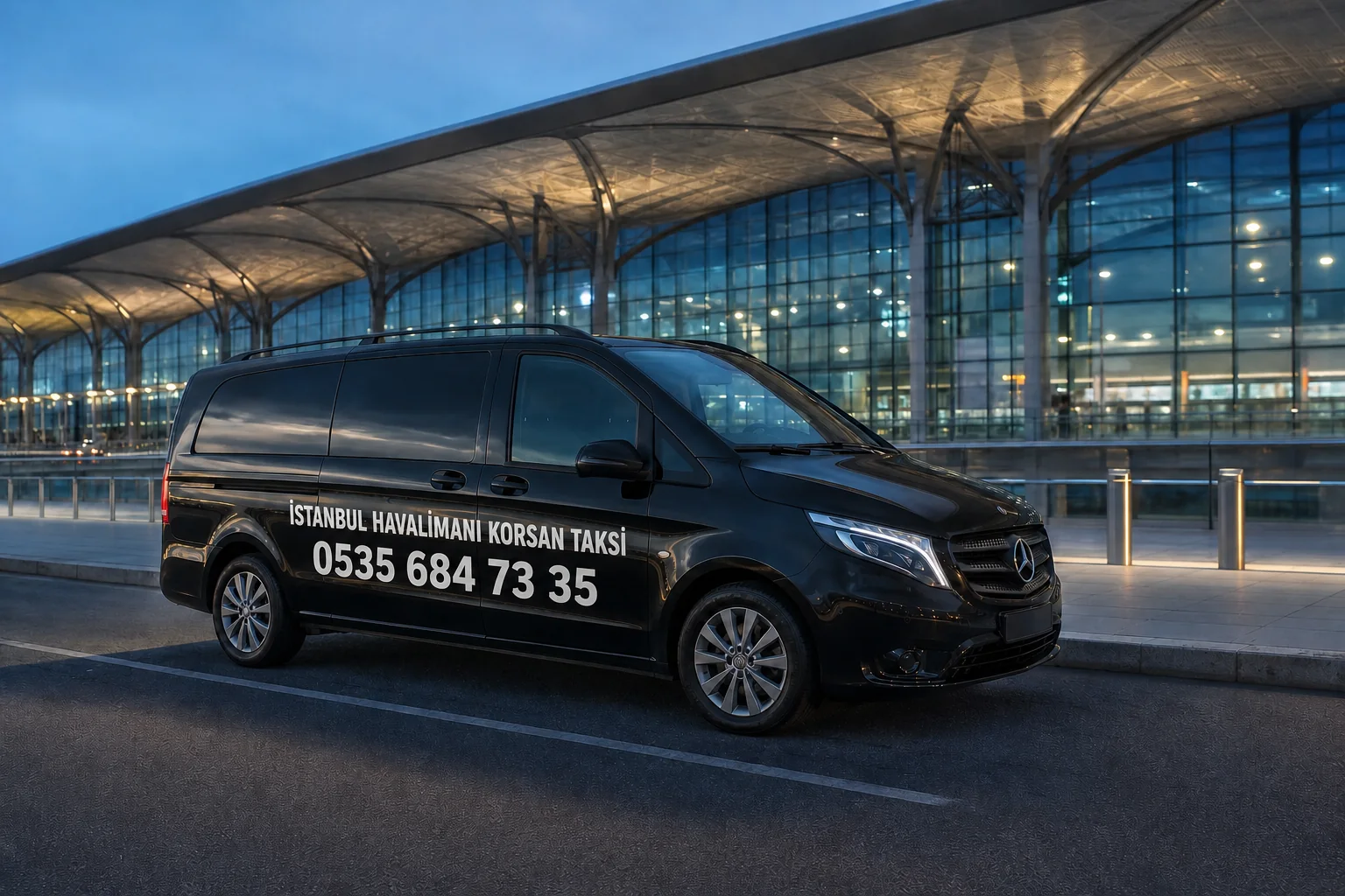 İHL Korsan Taksi ve Havalimanı Transfer hizmeti için üzerinde 0535 684 73 35 yazılı gece Mercedes Vito